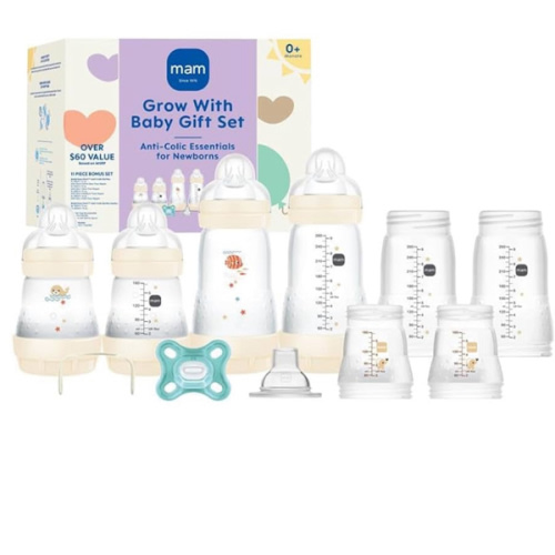 MAM Grow with Baby 15-Piece Gift Set, Newborn 0-4 Months, Anti-Colic Bottles and Silicone Nipples SkinSoft, Essential Baby Items, Unisex