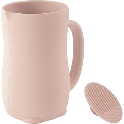 mandoo Baby Bath Rinse Cup - Food Grade Silicone - Shampoo & Body Washing Rinser Cup for Kids with Easy Grip Handle to Rinse Baby Shampoo and Soap - Baby Essentials (Beige+Brush)