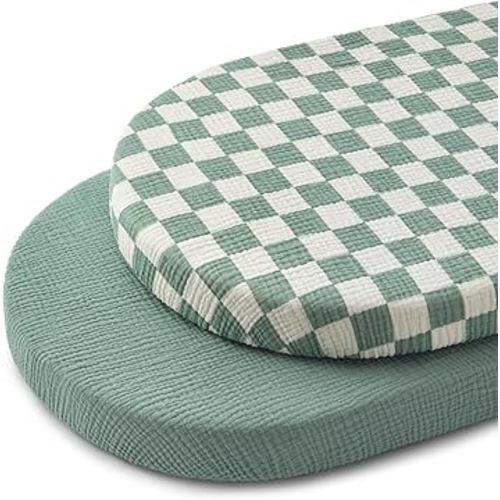 Blissful Diary Muslin Bassinet Sheets for Baby Girls Boys, Boho Soft Cotton Fitted for Oval Hourglass Rectangle Mattress, 2 Pack(Sage Checkboard & Sage Green)