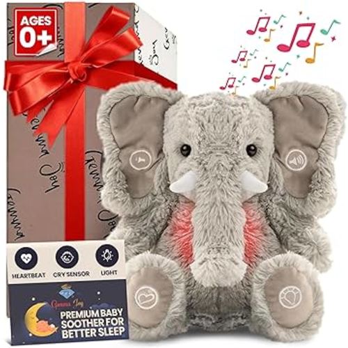 Bedtime Baby Soothers for Sleep, Cry Activated Heartbeat Stuffed Animal for Baby, Newborn, Calming Light, Lullaby Music, White Noise, Shush and Mother’s Heartbeat - (Elephant, Rechargeable)