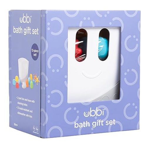 Ubbi Baby Bath Time Essential Gift Set, Includes Drying Bin and 11 Bath Toys, Dishwasher Safe, White