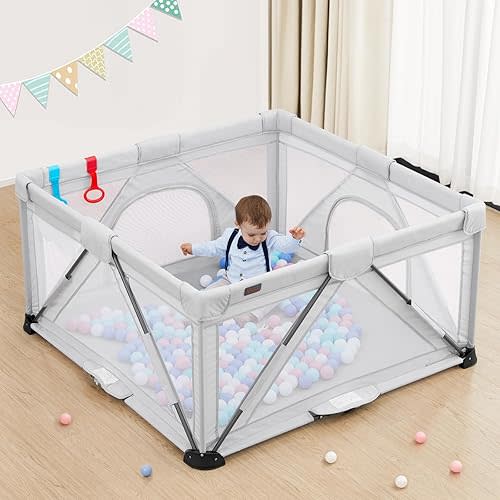 Foldable Baby Playpen, Yobear Large Playpen for Babies and Toddlers with 50 PCS Ocean Balls & 2 Handles, Indoor & Outdoor Kids Safety Play Pen Area, Portable Travel Play Yard (50" × 50", Grey)