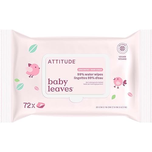 ATTITUDE Baby Water Wipes, EWG Verified, Safe for Newborns, Unscented & Fragrance-Free, 99% Water, Gentle & Hypoallergenic, Vegan & Dermatologically Tested, Travel Pack with Hard Lid, 72 Count
