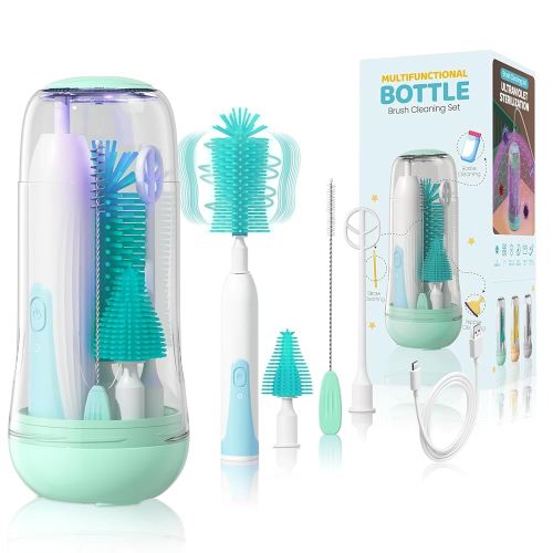 IvyWind Juego de cepillos eléctricos para biberones de viaje con caja de almacenamiento, kit de cepillo limpiador automático de botellas con botella de silicona/pezón/cepillo para pajilla, espumador