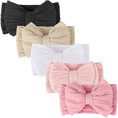 DRESHOW BQUBO Handmade Baby Headbands Soft & Stretchy Hair Bands with Bows Nylon Bows Hairbands for Girls Newborn Infant Toddlers Hair Accessories 5 pack