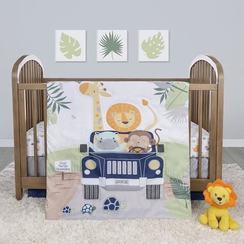 Sammy & Lou Off Road Adventure 4-Piece Baby Nursery Crib Bedding Set for Boys, Includes Quilt, Fitted Crib Sheet, Crib Skirt, and Plush Toy