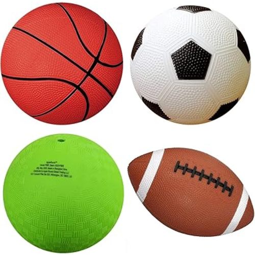 AppleRound 4-Pack Sports Balls for Toddlers & Kids with Pump – 5-Inch Soccer Ball, Basketball, Playground Ball & 6.5-Inch Football – Soft Small Balls for Indoor/Outdoor Play (Ages 2-7)