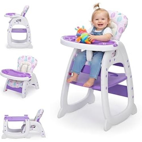 High Chair, 3 in-1 High Chairs for Babies and Toddlers, Convertible Baby Eating Chair, Easy Clean Adjustable Toddler Feeding Chair for Girls & Boys, Infant Chair & Table Set, Purple