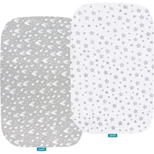 Bassinet Sheets Compatible with Baby Delight Beside Me Dreamer Bassinet, 2 Pack, 100% Jersey Knit Cotton Fitted Sheets, Breathable and Heavenly Soft, Grey and White Print for Baby
