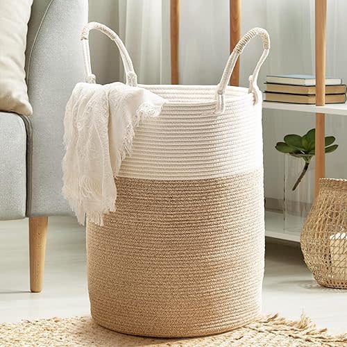 Laundry Basket – Laundry Hamper for Clothes, Blankets, Yoga Mat – Woven Cotton Rope Basket for Living Room, Nursery Room – Boho Style –15”D x 18”H – White & Beige Brown