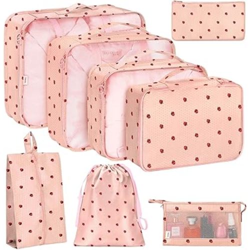 KPX 8 Set Packing Cubes for Travel, Luggage Packing Organizers Accessories Large Toiletries Bag for Clothes Shoes Cosmetics (8Set-Pink Strawberry)