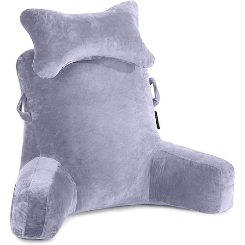 Reading Pillow-Extra Large 31" Bed Rest Pillow with Detachable Neck Roll & Arms for Sitting in Bed or Couch-Backrest Reading Pillow Adult Back Pillows for Reading/Watching TV/Gaming/Relaxing-Grey