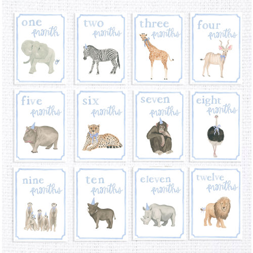 Blue Baby Milestone Cards, Milestone Picture Prop, African Animals, Bow Party Animals Milestone Cards