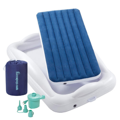 hiccapop Inflatable Toddler Travel Bed with Safety Bumpers [4-Sided] | Portable Toddler Bed for Kids | Toddler Air Mattress | Kids Air Mattress - Navy Blue