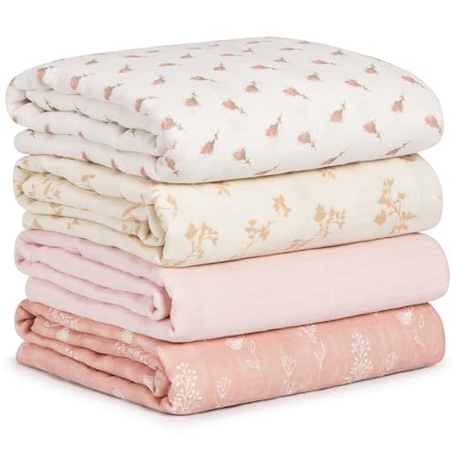 CIVARUA KIDS Muslin Swaddle Blankets for Newborn, 4 Pack Cotton Baby Blankets for Girls, Large 31.5 x 43.3 Breathable Soft Receiving Blanket, Essentials Swaddle Wrap Burping Clothes, Flowers