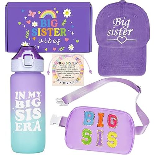 Big Sister Gifts for Girls – Purple Big Sister Gift Set with 20oz Water Bottle, Waist Bag, Baseball Cap & Bracelet, New Big Sister Gifts for Girls