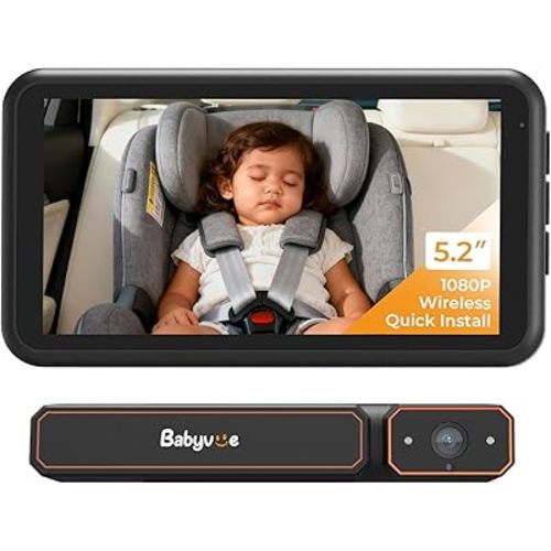 Babyvue BV6 Wireless Baby Car Camera Easy to Install, No Wiring Car Baby Monitor with HD1080P IR Night Vision, 5.2" Screen Car Seat Camera 3X Zoom for Kids