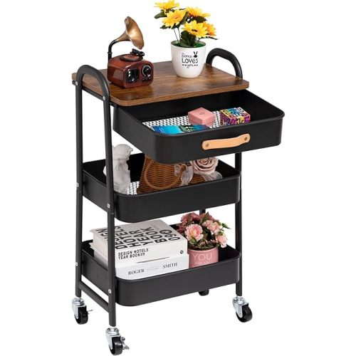 AGTEK Makeup Cart Movable Rolling Organizer Cart with Drawer, 3 Tier Metal Utility Cart with Hanging Cups,Drawer with Leather Handle, Mobile Trolley Cart for Home & Office, Black