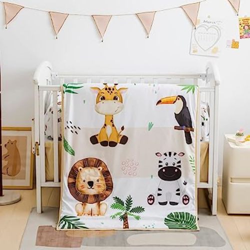 Safari Animal Crib Bedding Set for Baby Boys Girls, 3-Piece Baby Crib Bedding Set, Standard Size Crib Set Including Crib Sheet, Comforter & Crib Skirt