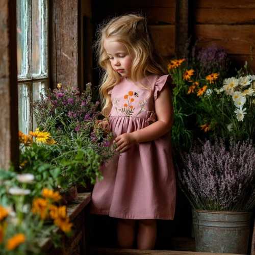 Bee with Daisies & Marigold Flowers Hand Embroidered Dress for Girls, 1st Birthday Soft Linen Dress, Toddler Linen Dress, Kids Clothing