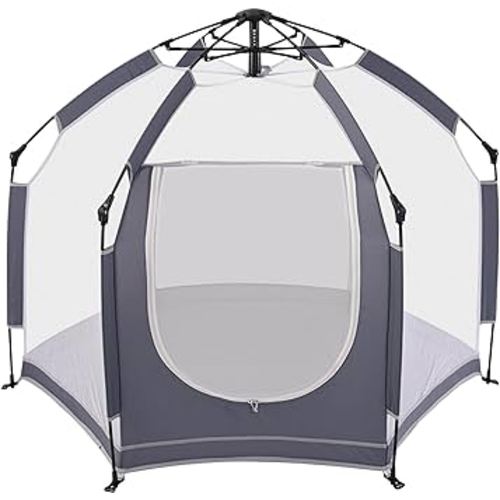 Baby Playpen with Canopy, Portable Mesh Play Yard Indoor and Outdoor, Pop Up Toddler Playpen with Dome, Lightweight Foldable Playspace for Home, Beach and Park, Gray