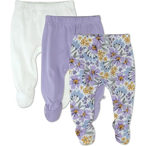 HonestBaby 3-Pack Footed Pants Roomy Fit Pull on Bottoms 100% Organic Cotton for Infant Baby Boys, Girls, Unisex