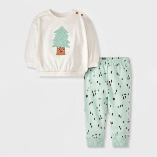 Baby Holiday Christmas Tree Fleece Sweatshirt & Fleece Jogger Pants Set - Cat & Jack™ Cream Newborn