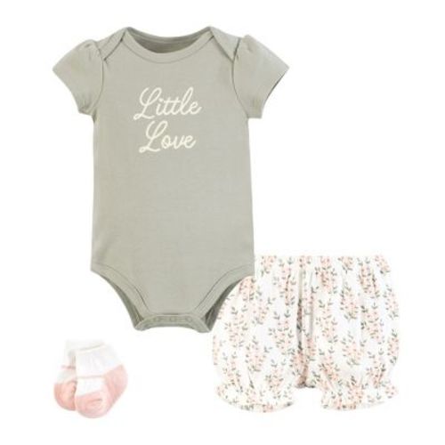 Hudson Baby Infant Girls Bodysuit, Short And Sock, Pink Sage Floral, 0-3 Months