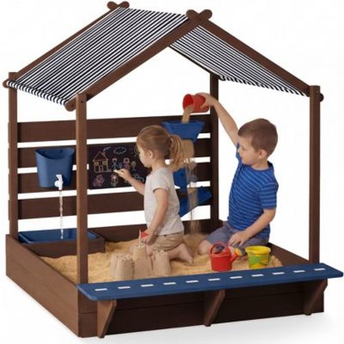 Best Choice Products Sandbox w/ Canopy, Wooden Sand Box w/ Water Table, Bench Seat, Outdoor Kids Playset- Blue