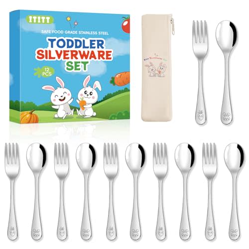 ITITT 12 Pieces Stainless Steel Toddler Utensils Set - Food Grade Kids Silverware Set Children Safe Small Forks and Spoons Mirror Polished Sturdy and Durable Dishwasher Safe
