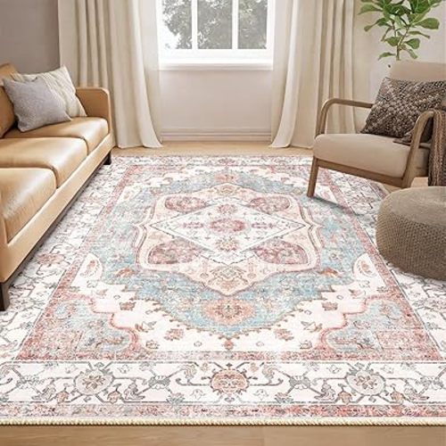 6x9 Area Rug Vintage Machine Washable Low Pile Carpet No Shedding Area Rugs for Living Room Bedroom Dining Room Kitchen Entryway Hallway Office Indoor-Pink/Blue/Red/Orange