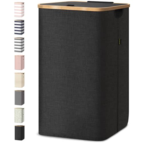 BALEINE Laundry Hamper with Lid, Tall Laundry Baskets with Bamboo Pull Handles, Large Laundry Bin with Internal Support (26 Gal/100L, Black)