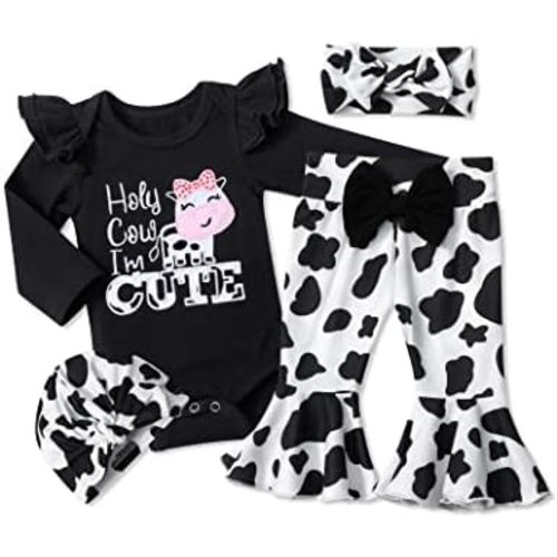 Baby Girl Clothes,4pcs Infant Newborn Girl Outfits Ruffle Romper Baby Bell Bottoms Headband Bandana Clothes Sets Gifts