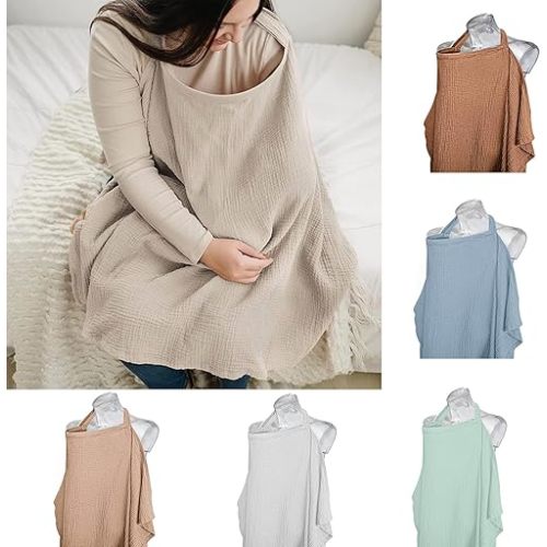 Nursing Cover for Baby Breastfeeding, Muslin Breathable Breastfeeding Cover with Hoop,Multi-use Carseat Canopy,Adjustable Mother Nursing Apron (Beige)