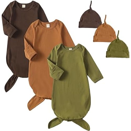 OPAWO Newborn Baby Knotted Gowns with Mitten Cuffs and Hat Baby Sleeper Gowns Coming Home Outfit for Baby Boy Girl 0-6 Months