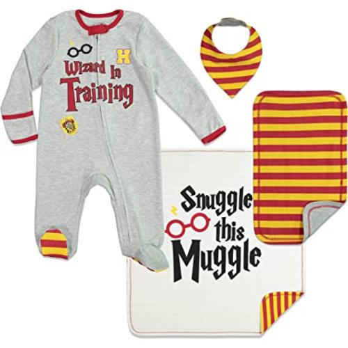Harry Potter Zip Up Sleep N' Play Coverall, Bib, Blanket, and Burp Cloth Set