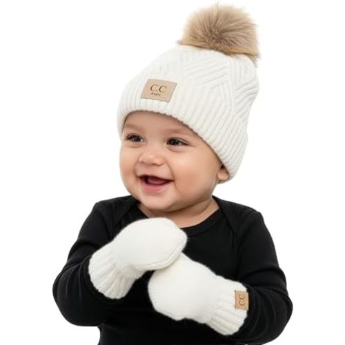 Funky Junque Cozy Infant Pom Pom Beanie & Fleece Lined Mitten Winter Set