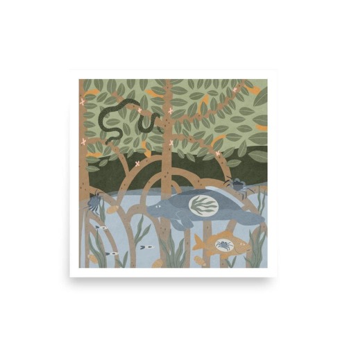 Manatee Florida Mangrove Ecosystem Art, Manatee Print, Nature Art, Mixed Media Wildlife Illustration, Florida Nursery Art