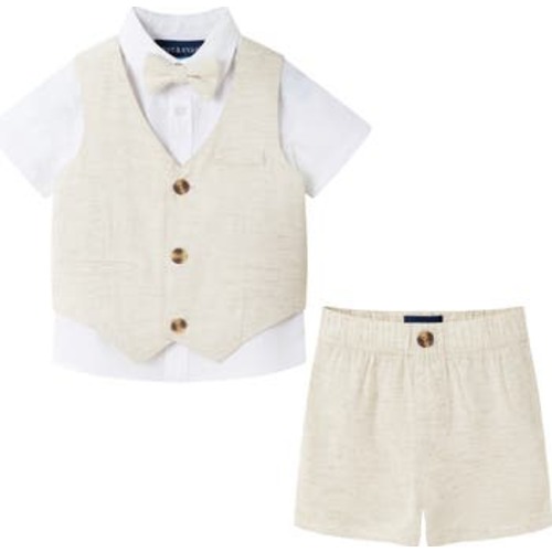 Short Sleeve Button-Up Shirt, Vest, Shorts & Bow Tie Set, 6-9M