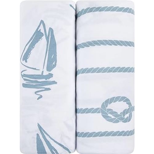 Pack N Play Portable Crib Sheet Set 100% Jersey Cotton 2 Pack - Dusty Blue Nautical Print