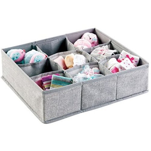 mDesign Soft Fabric 9 Section Dresser Drawer and Closet Storage Organizer for Child/Kids Room, Nursery, Playroom - Divided Large Organizer Bin - Textured Print with Solid Trim - Gray