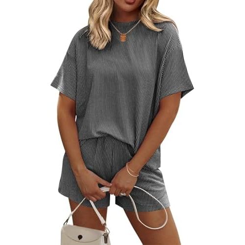 Ekouaer Womens Pajama Sets Short Sleeve Lounge Sets 2 Piece Pjs Tops and Shorts Outfits Matching Loungewear with Pockets