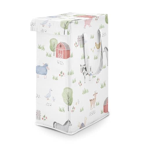 Sweet Jojo Designs Farm Animals Boy Girl Gender Neutral Laundry Hamper Foldable Dirty Clothes Basket with Handles Baby Nursery Kids Bedroom Teen Bathroom Watercolor Farmhouse Barn Horse Cow Pig Goat