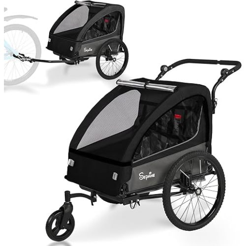 Sepnine 2-in-1 Kids Bike Trailer and Stroller with Suspension – Bike Trailer for 1 to 2 Children, Jogging Function, Foldable, 5-Point Harness, Spacious Storage, with Bug Screen and Weather Shield