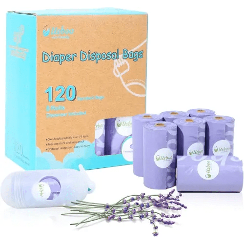 Disposable Diaper Bags for Baby | 8 Refill Rolls (120 Pack) | Lavender Scented | Baby Poop Bags with Dispenser | Essential for Travel and Quick Change on The Go