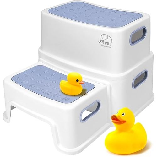 Forbena Toddler Step Stool for Bathroom Sink, 2 Step Stool for Kids Toilet Potty Training, Non-Slip Toddlers Baby Child Kid Plastic Poop Stools with Handle for Kitchen Counter Bed (White-Grey)