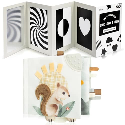 ZICOTO Soft Baby Book with Touch and Feel Pages and High Contrast Tummy Time Toy for Baby with Large Black and White Cards Bundle - Cute Sensory Book for Babies 0-6 Months