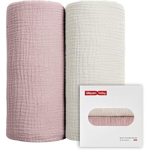 GLLQUEN BABY Muslin Swaddle Blankets for Girls, 2-Pack Organic Baby Blankets for Girl Boy, Newborn Receiving Blanket, Baby Swaddle Blanket Unisex, Baby Essentials, Registry & Gift, 40 x 38 inches