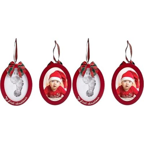 Pearhead Babyprints Double-Sided Christmas Photo Ornament with Clean Touch Ink Pad, Baby's First Christmas Holiday Keepsake Ornament, Newborn Handprint or Footprint Kit, 2 Sided, Red (Pack of 2)