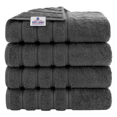 American Soft Linen 4 Pack Bath Towel Set, 100% Cotton, 27 Inch By 54 Inch Bath Towels For Bathroom, Dark Gray